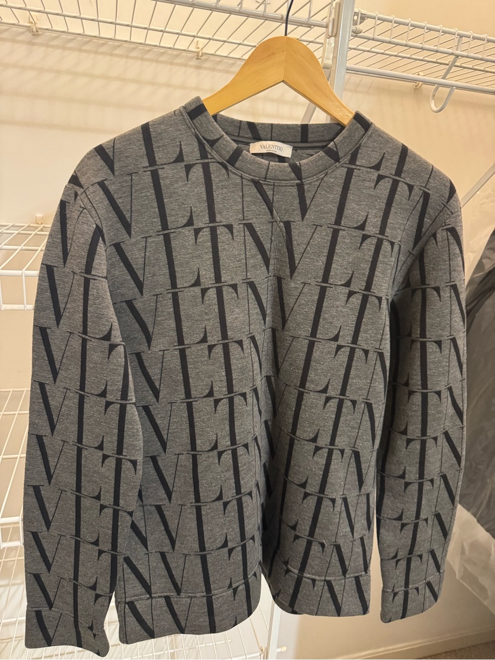Valentino Gray Crewneck with All-Over Black VLTN Print
